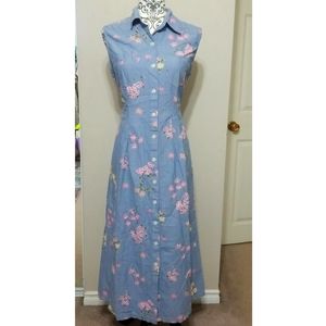 Jennifer Moore Light Blue Sleeveless button down Floral Maxi Dress